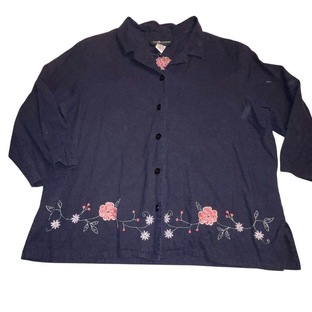 Vtg Sag Harbor Women's Plus Size 18W Linen Rayon Embroidered Blouse Floral Top